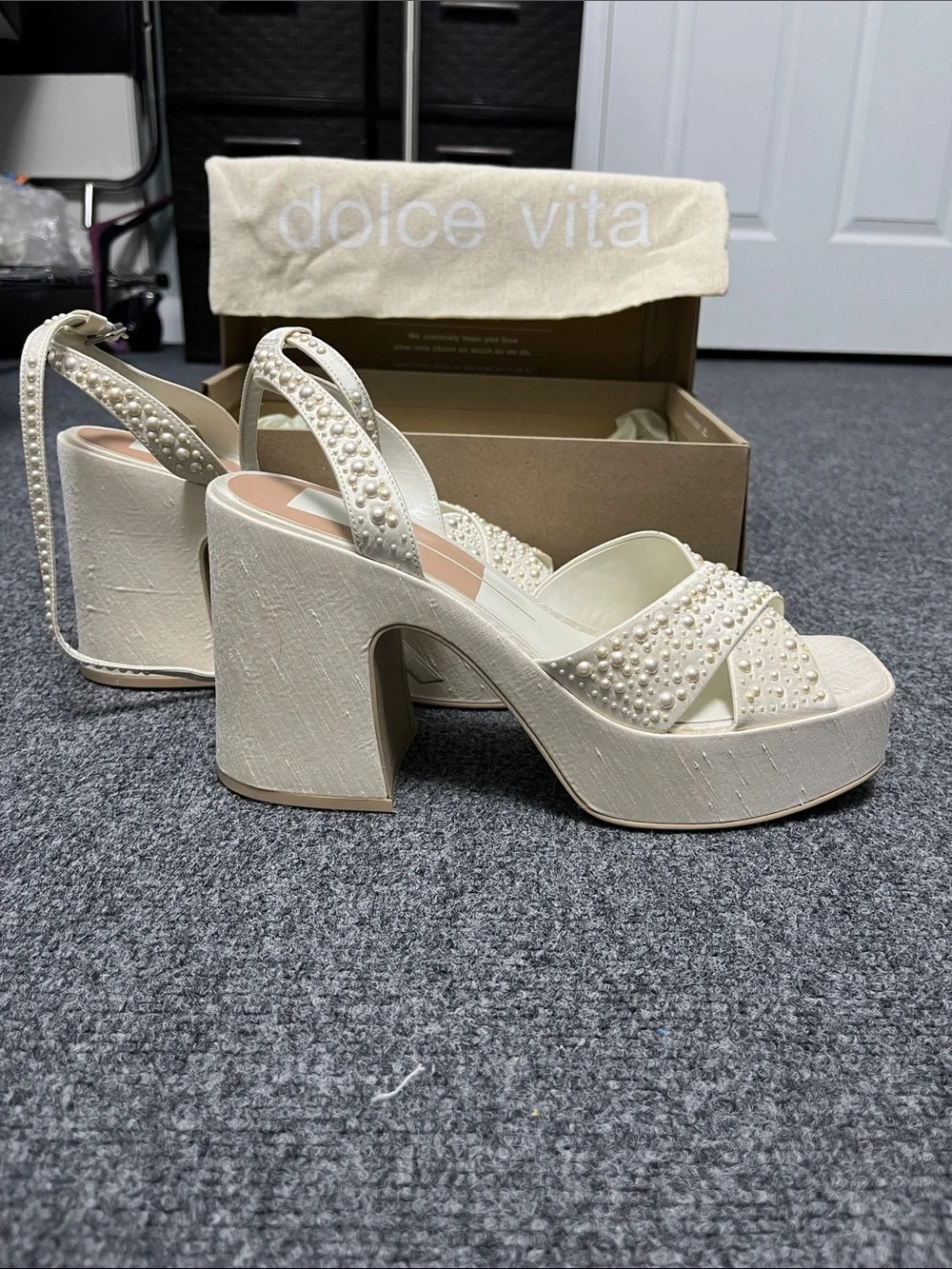 Dolce Vita Ivory Pearl-Studded Platform Sandals